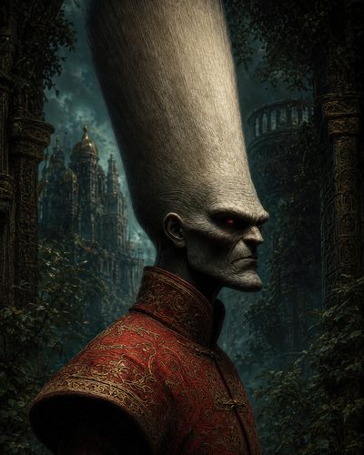 GRID THUMBNAIL — Pale vampire with towering conical hair and glowing red eyes in ornate red coat, before overgrown gothic arches and distant spires at twilight.
