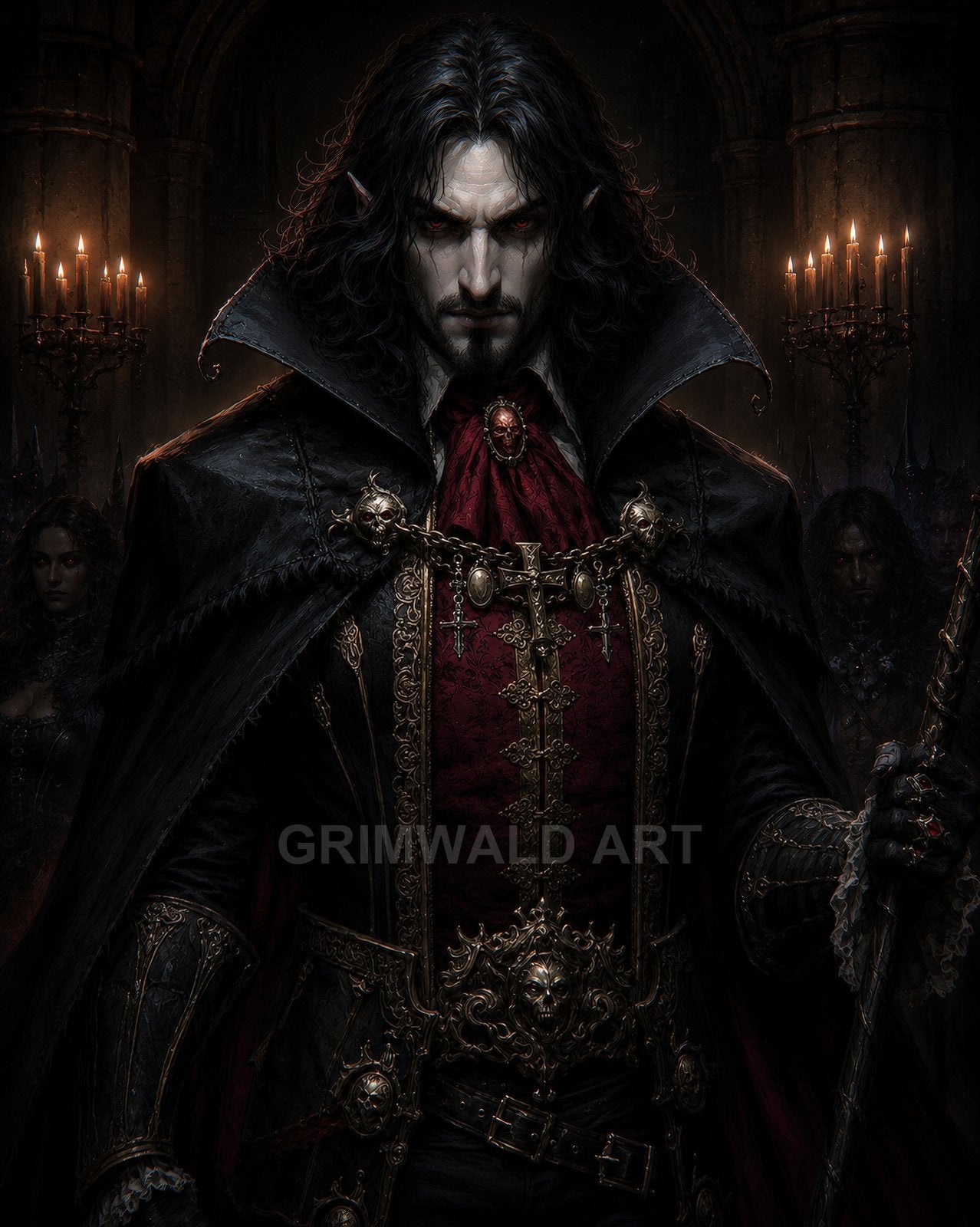 Pale red-eyed vampire noble in ornate black and crimson attire stands in a candlelit gothic cathedral, gripping a staff amid shadowed attendants.