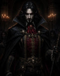 GRID THUMBNAIL — Pale red-eyed vampire noble in ornate black and crimson attire stands in a candlelit gothic cathedral, gripping a staff amid shadowed attendants.