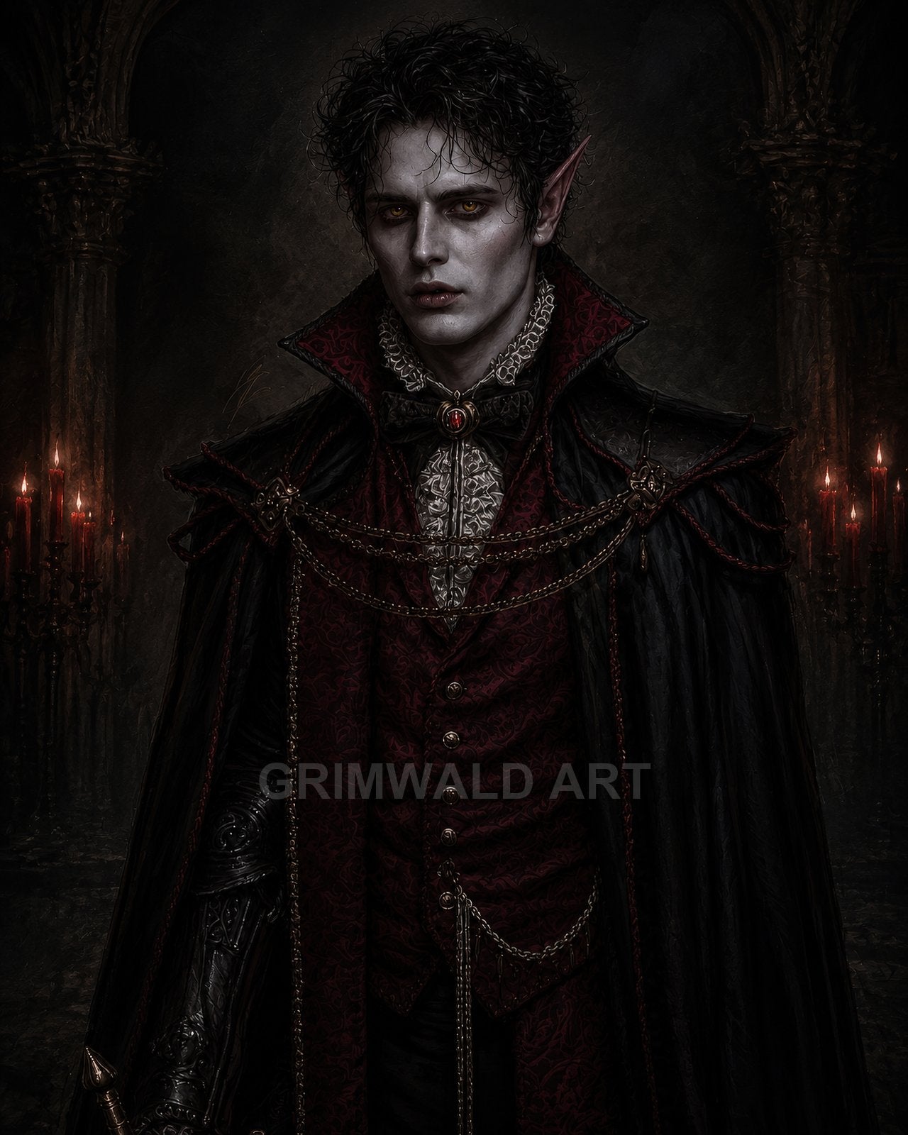 A pale, aristocratic vampire with golden eyes and pointed ears, wearing a crimson brocade waistcoat and black cloak, stands in a candlelit castle hall.