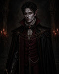 GRID THUMBNAIL — A pale, aristocratic vampire with golden eyes and pointed ears, wearing a crimson brocade waistcoat and black cloak, stands in a candlelit castle hall.