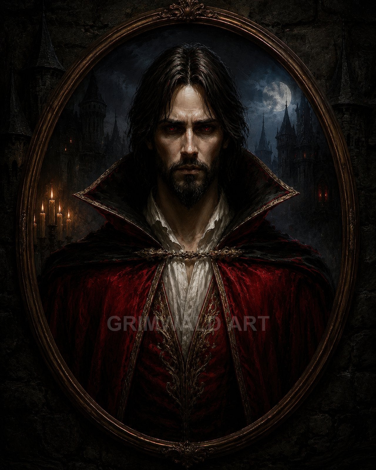 Gothic portrait of a male vampire in a crimson cloak within an oval frame, red eyes glowing, moonlit castle spires and candlelight behind.