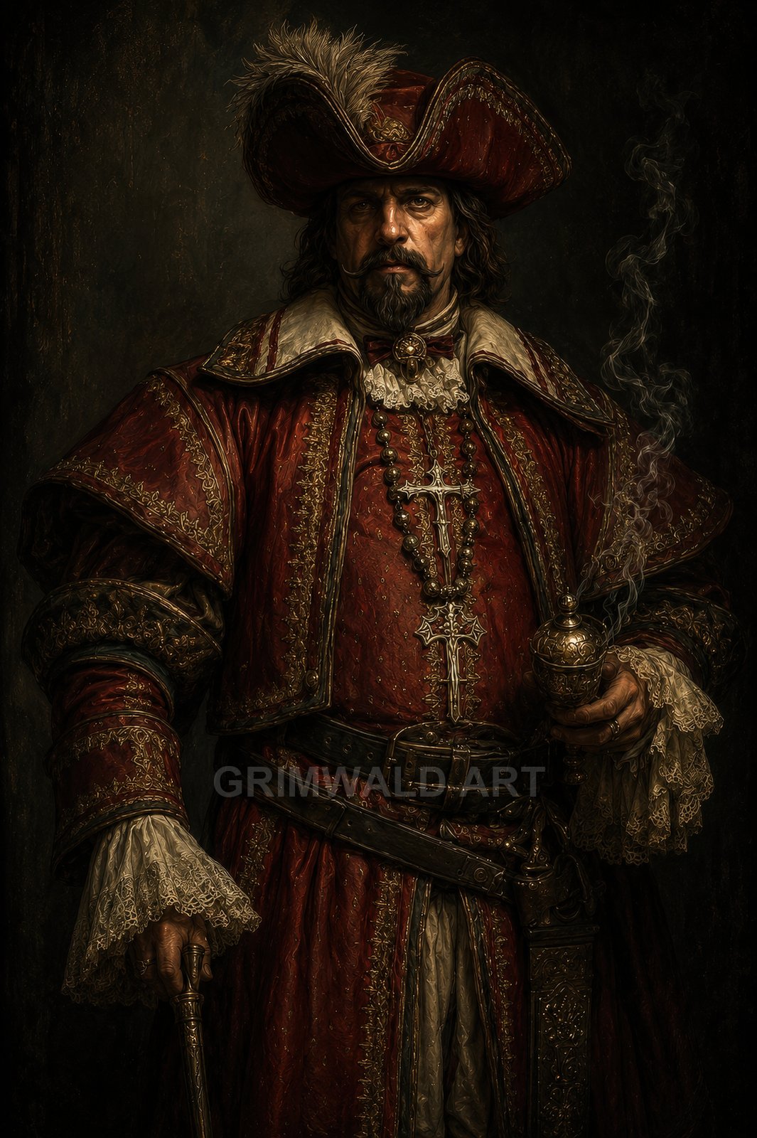 A stern bearded man in ornate red renaissance attire, feathered hat, rosary crosses, and lace cuffs, holding a smoking censer against a dark interior background.