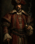 GRID THUMBNAIL — A stern bearded man in ornate red renaissance attire, feathered hat, rosary crosses, and lace cuffs, holding a smoking censer against a dark interior background.