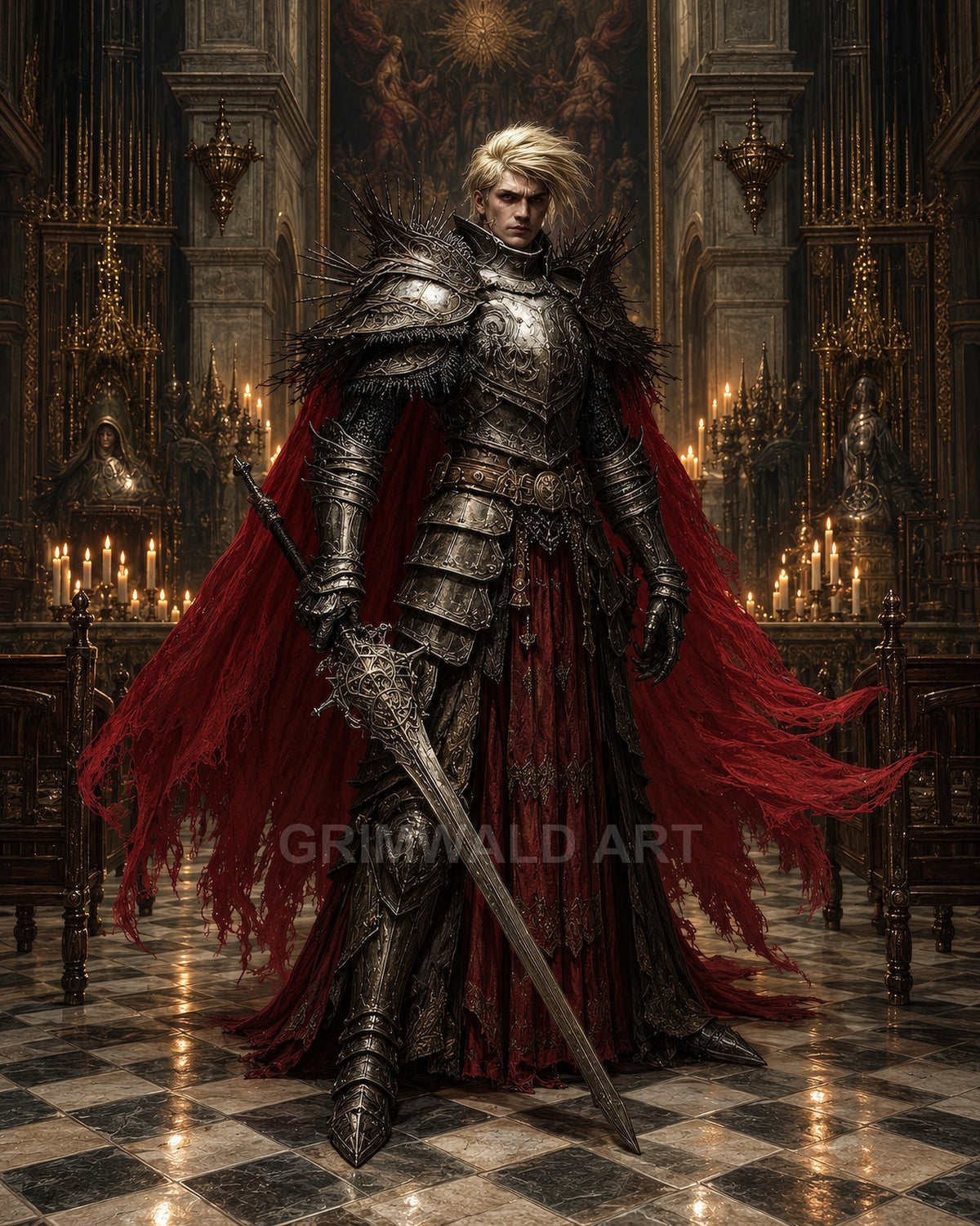 Armoured knight with a red tattered cloak stands on a marble floor in a candlelit gothic cathedral, holding a sword with solemn poise.
