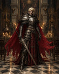 GRID THUMBNAIL — Armoured knight with a red tattered cloak stands on a marble floor in a candlelit gothic cathedral, holding a sword with solemn poise.