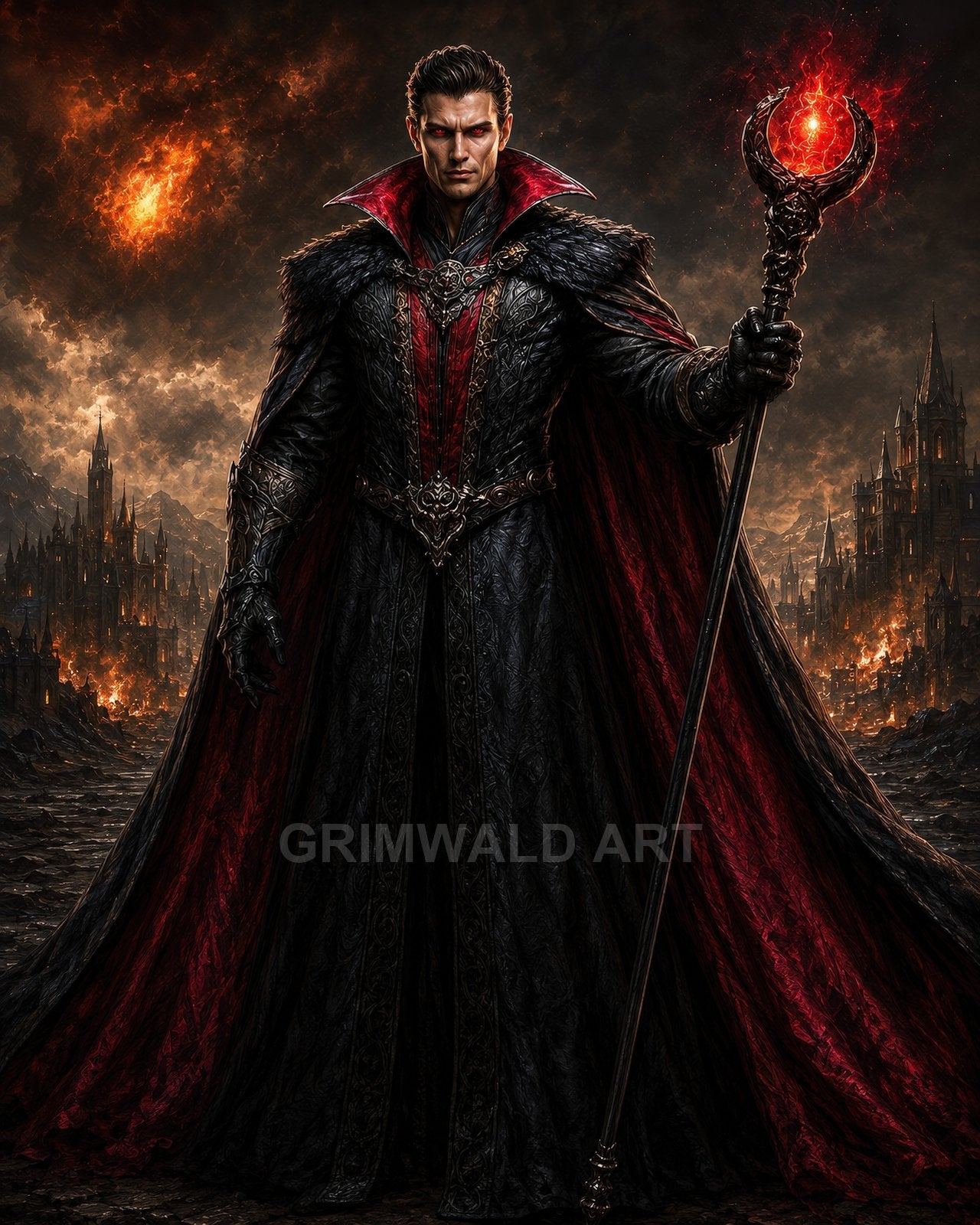 A stern, black-and-crimson robed sorcerer holding a flaming staff stands before a burning gothic city under smoke-darkened skies.