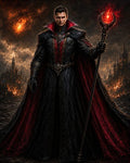 GRID THUMBNAIL — A stern, black-and-crimson robed sorcerer holding a flaming staff stands before a burning gothic city under smoke-darkened skies.