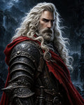 GRID THUMBNAIL — Bearded, long-haired knight in ornate dark plate armour and red cloak, gripping a sword hilt, set against moonlit mountains and distant waterfalls, intense gaze.