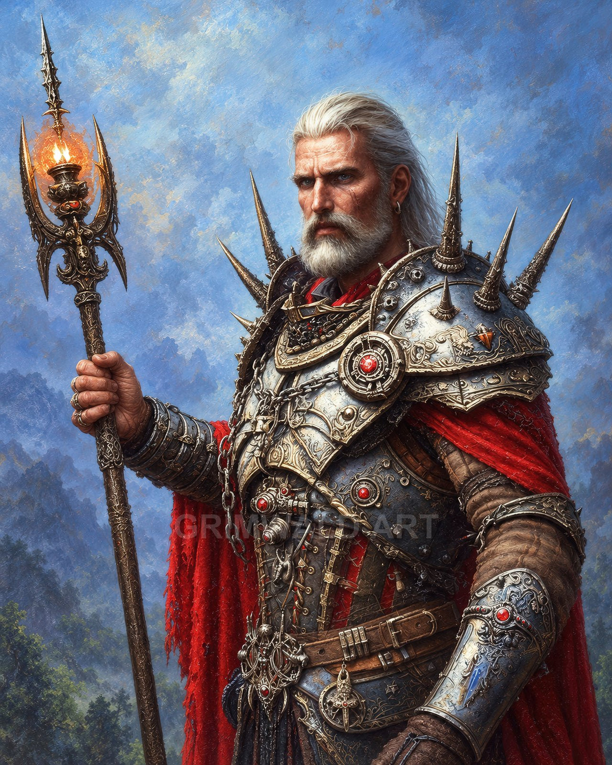 Older male paladin in ornate spiked armour and red cloak holds a flaming staff against a bright blue sky and distant mountains.