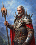 GRID THUMBNAIL — Older male paladin in ornate spiked armour and red cloak holds a flaming staff against a bright blue sky and distant mountains.