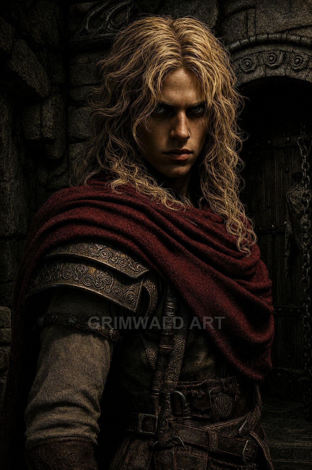 Close-up portrait of blond male warrior in red cloak and ornate leather armour, standing by a dark stone castle doorway under warm torchlight.