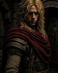 GRID THUMBNAIL — Close-up portrait of blond male warrior in red cloak and ornate leather armour, standing by a dark stone castle doorway under warm torchlight.