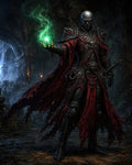 GRID THUMBNAIL — Armoured undead necromancer with skull-like face and red eyes conjures swirling green energy in a ruined gothic hall, crimson tattered cloak billowing.