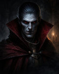 GRID THUMBNAIL — Pale male vampire with red eyes and fangs wearing a crimson high-collared cloak and ornate armour in a candlelit gothic castle interior.