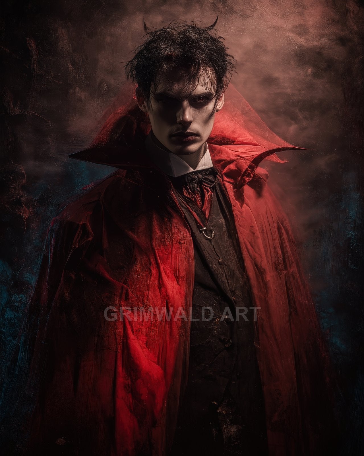 Pale male vampire in high-collared red cloak and dark suit, lit dramatically against smoky darkness, staring forward with intense, predatory gaze.