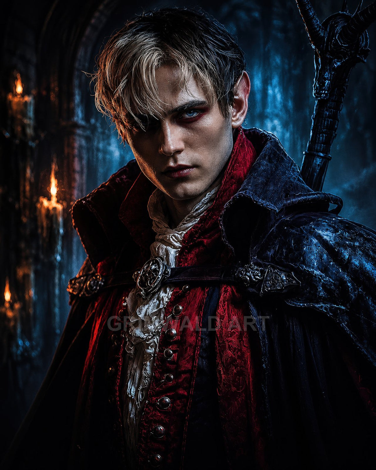 Brooding male vampire in a crimson brocade coat and dark cloak, in a moonlit, candlelit castle interior, with a staff across his back.