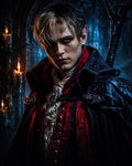 GRID THUMBNAIL — Brooding male vampire in a crimson brocade coat and dark cloak, in a moonlit, candlelit castle interior, with a staff across his back.