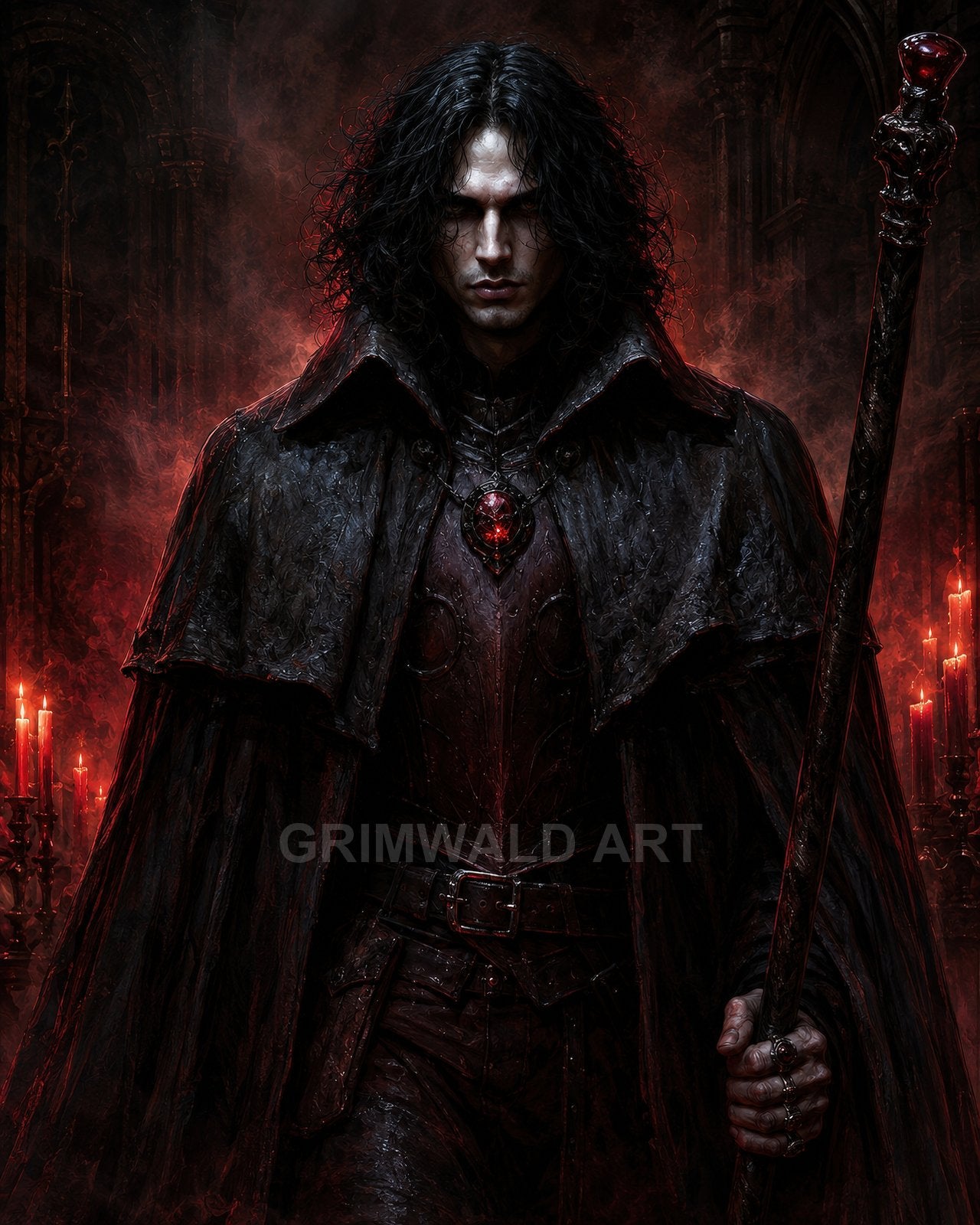 A dark-haired male warlock in a tattered cloak stands in a candlelit gothic cathedral, gripping a carved staff and wearing a glowing red pendant.