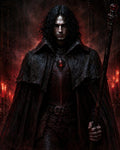 GRID THUMBNAIL — A dark-haired male warlock in a tattered cloak stands in a candlelit gothic cathedral, gripping a carved staff and wearing a glowing red pendant.