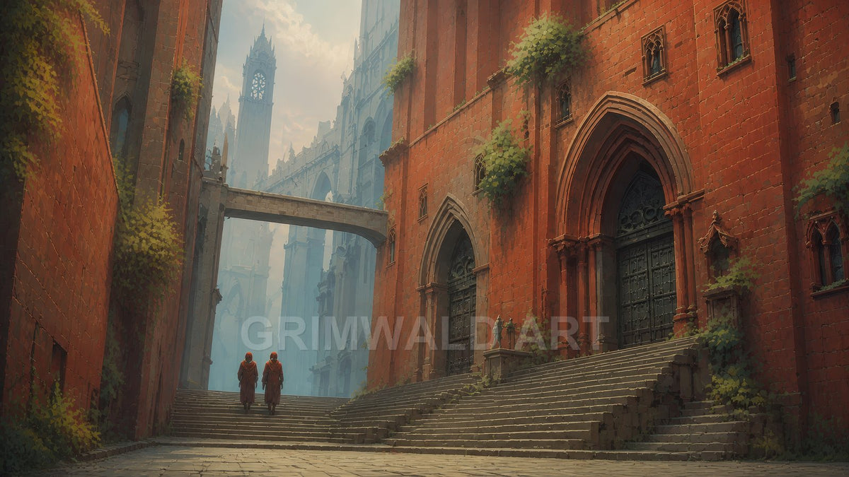 Gothic red-brick cathedral walls and ivy-lined steps frame a misty stone skybridge, with two robed figures walking toward distant spires.