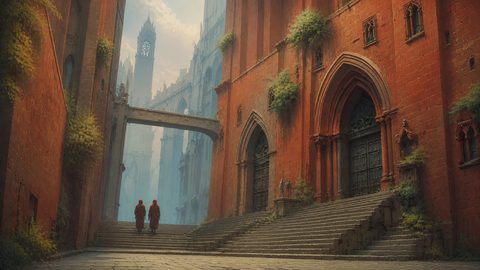 GRID THUMBNAIL — Gothic red-brick cathedral walls and ivy-lined steps frame a misty stone skybridge, with two robed figures walking toward distant spires.