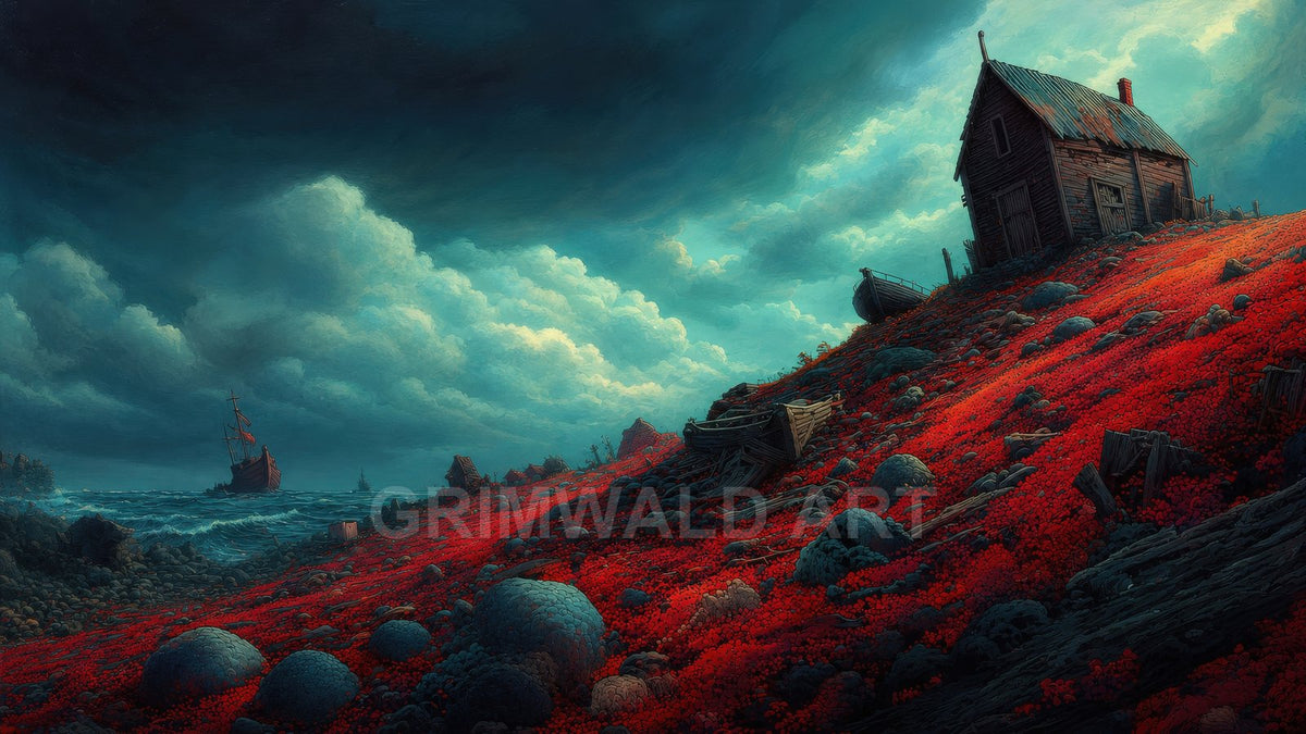 A dilapidated wooden shack crowns a scarlet hillside strewn with wrecked boats, overlooking a stormy teal sea under towering brooding clouds.