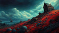 GRID THUMBNAIL — A dilapidated wooden shack crowns a scarlet hillside strewn with wrecked boats, overlooking a stormy teal sea under towering brooding clouds.