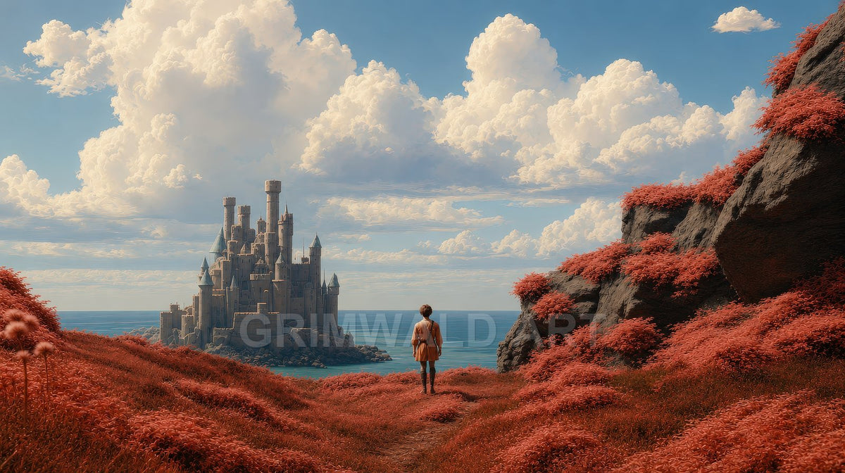 A small figure stands on a red-carpeted hillside, gazing towards a grand coastal castle beneath vast sunlit cumulus clouds and clear blue sky.