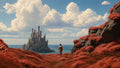 GRID THUMBNAIL — A small figure stands on a red-carpeted hillside, gazing towards a grand coastal castle beneath vast sunlit cumulus clouds and clear blue sky.