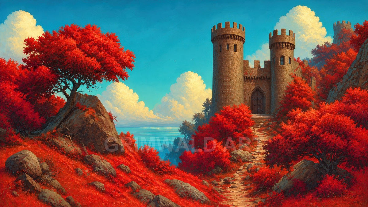 Stone castle with twin round towers above a winding path through crimson trees, overlooking a calm blue sea under bright clouds.