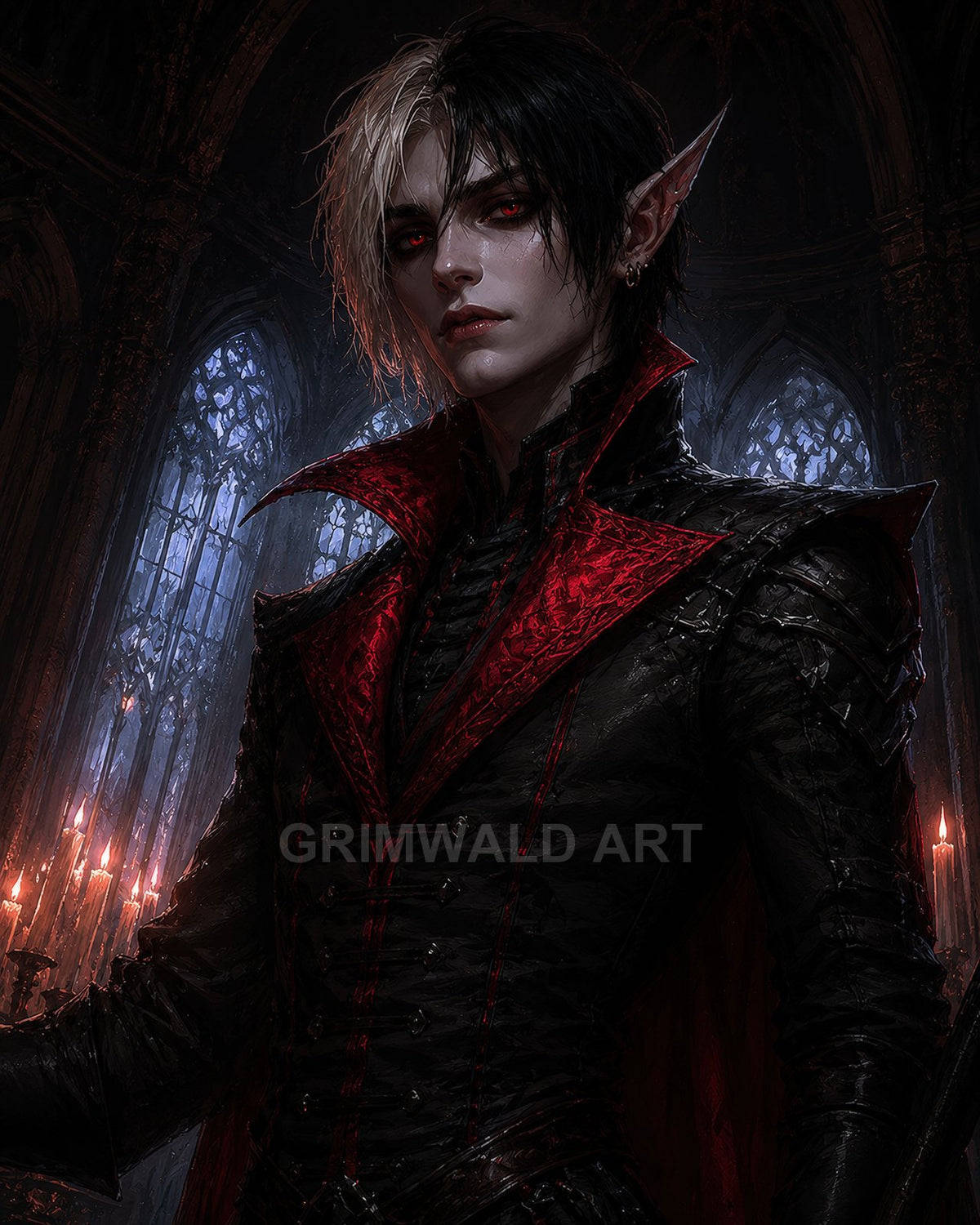 Androgynous vampire with red eyes and two-tone hair stands in a candlelit gothic cathedral, black and crimson coat, pointed ears, solemn gaze.