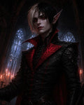 GRID THUMBNAIL — Androgynous vampire with red eyes and two-tone hair stands in a candlelit gothic cathedral, black and crimson coat, pointed ears, solemn gaze.