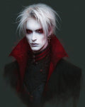 GRID THUMBNAIL — Portrait of a pale, red-eyed vampire with white hair and a crimson high collar, wearing ornate black garments against a dark background.