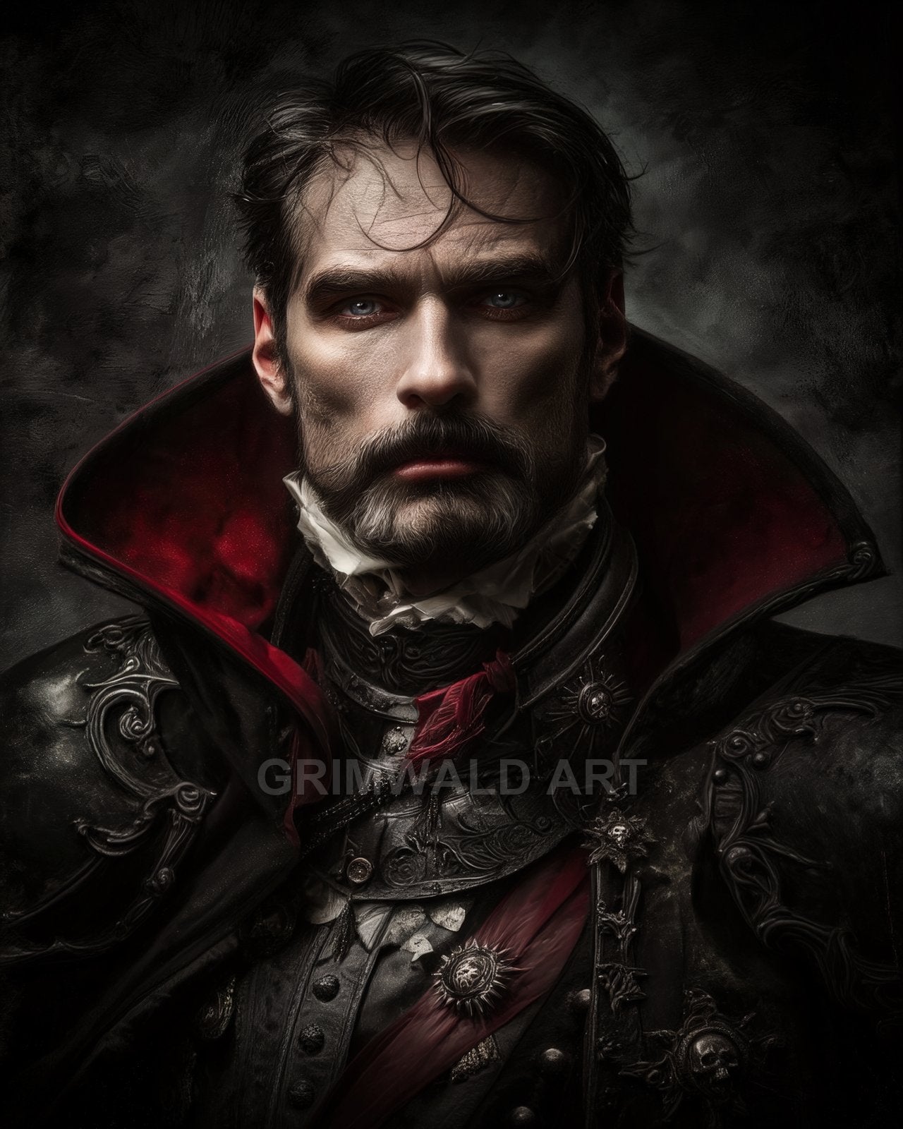 Close-up portrait of a pale male vampire in ornate black armour and crimson-collared cloak, stern gaze against a dark, textured background.