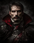 GRID THUMBNAIL — Close-up portrait of a pale male vampire in ornate black armour and crimson-collared cloak, stern gaze against a dark, textured background.