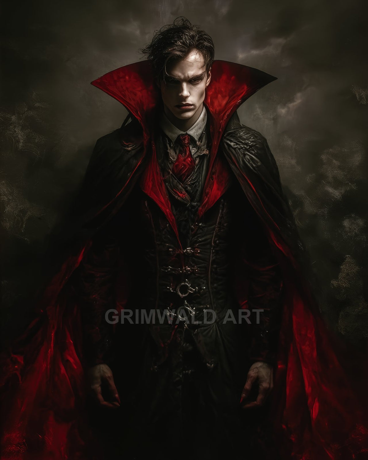 Pale male vampire in ornate black attire with red-lined cape and towering collar, facing forward against a smoky dark background.