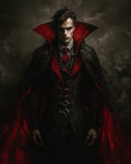 GRID THUMBNAIL — Pale male vampire in ornate black attire with red-lined cape and towering collar, facing forward against a smoky dark background.