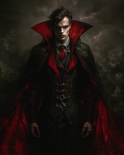 GRID THUMBNAIL — Pale male vampire in ornate black attire with red-lined cape and towering collar, facing forward against a smoky dark background.