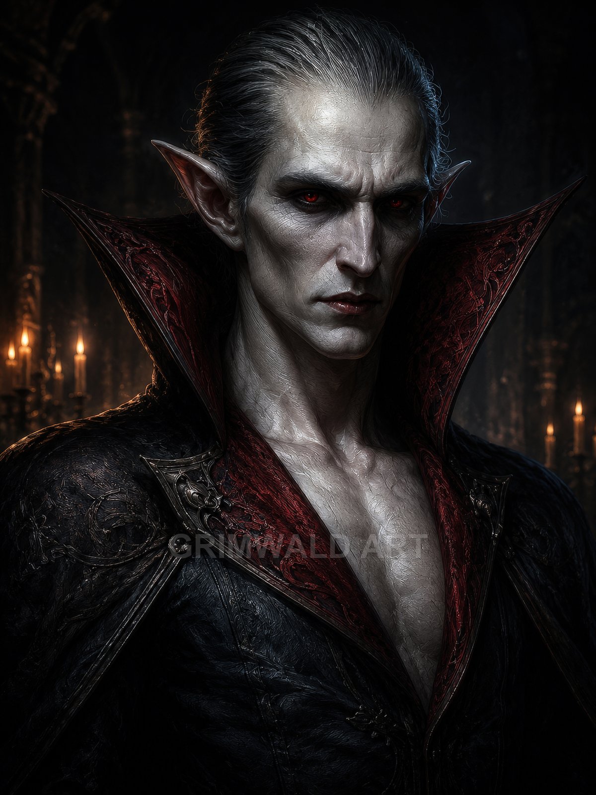 Pale, red-eyed vampire with pointed ears and an ornate high-collared coat, posed in a dark candlelit hall with gothic arches.