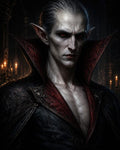 GRID THUMBNAIL — Pale, red-eyed vampire with pointed ears and an ornate high-collared coat, posed in a dark candlelit hall with gothic arches.