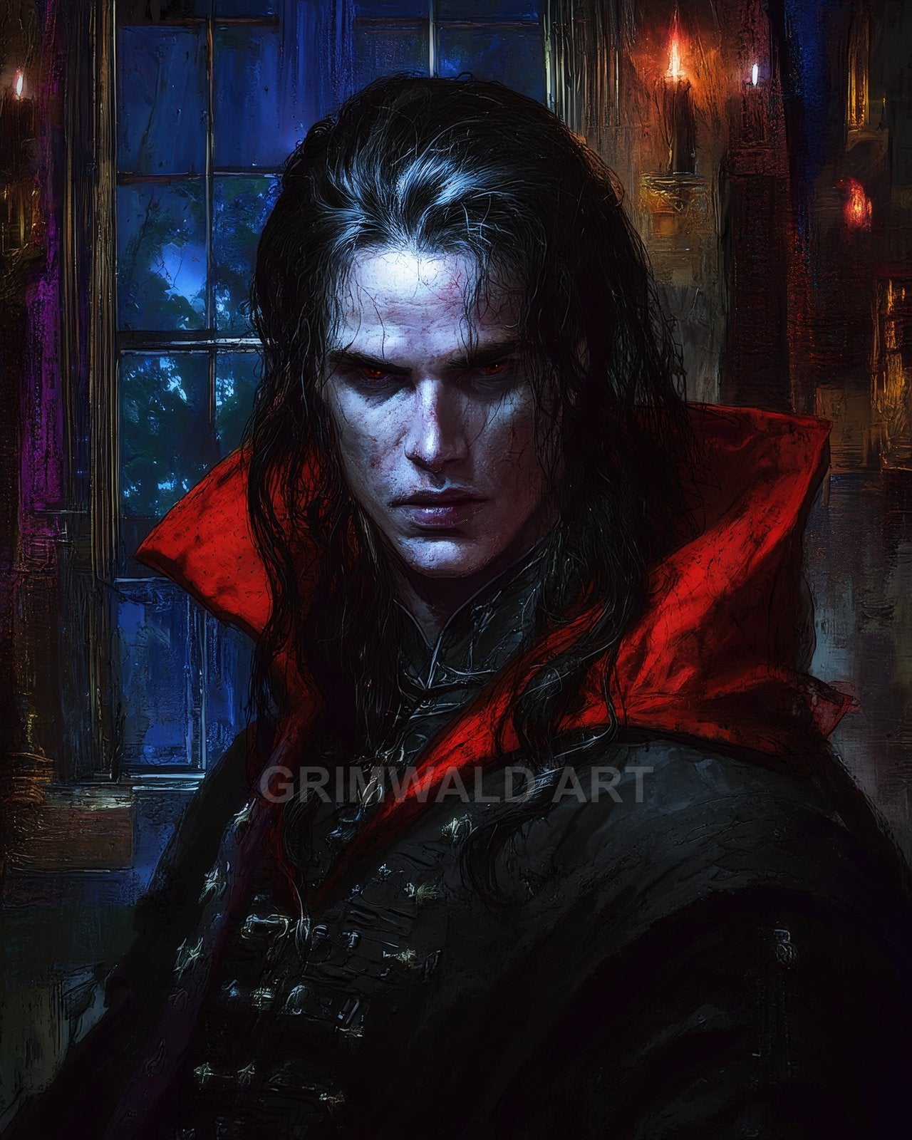 A pale, red-eyed vampire with long dark hair and a crimson high collar stands indoors by a moonlit window with candles.
