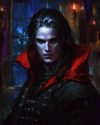GRID THUMBNAIL — A pale, red-eyed vampire with long dark hair and a crimson high collar stands indoors by a moonlit window with candles.