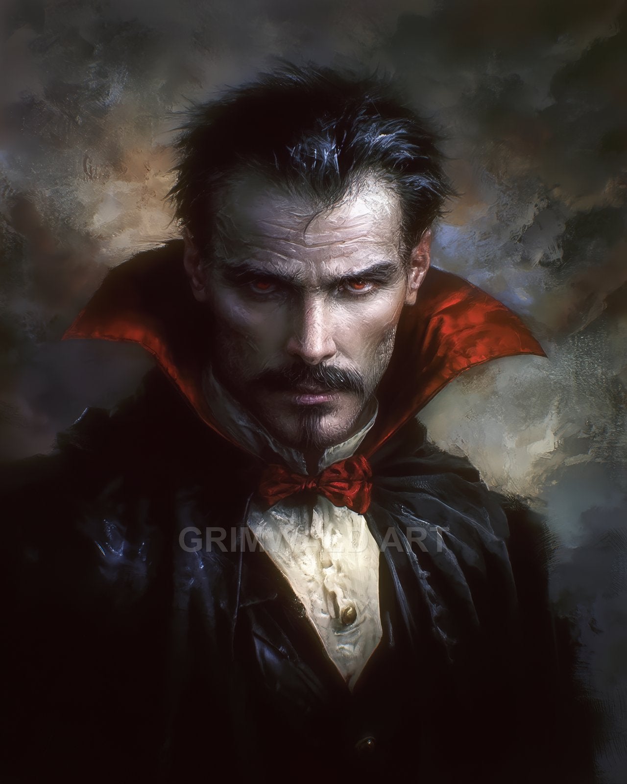 Moody portrait of a male vampire with red eyes, black cloak and crimson-lined high collar, pale skin and moustache against a dark smoky background.