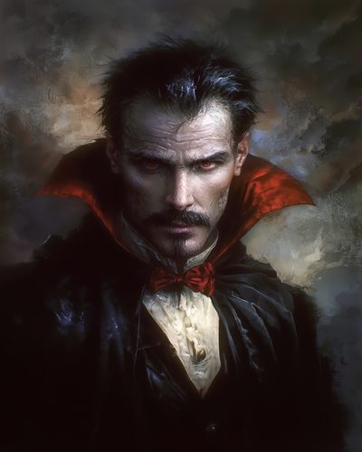 GRID THUMBNAIL — Moody portrait of a male vampire with red eyes, black cloak and crimson-lined high collar, pale skin and moustache against a dark smoky background.