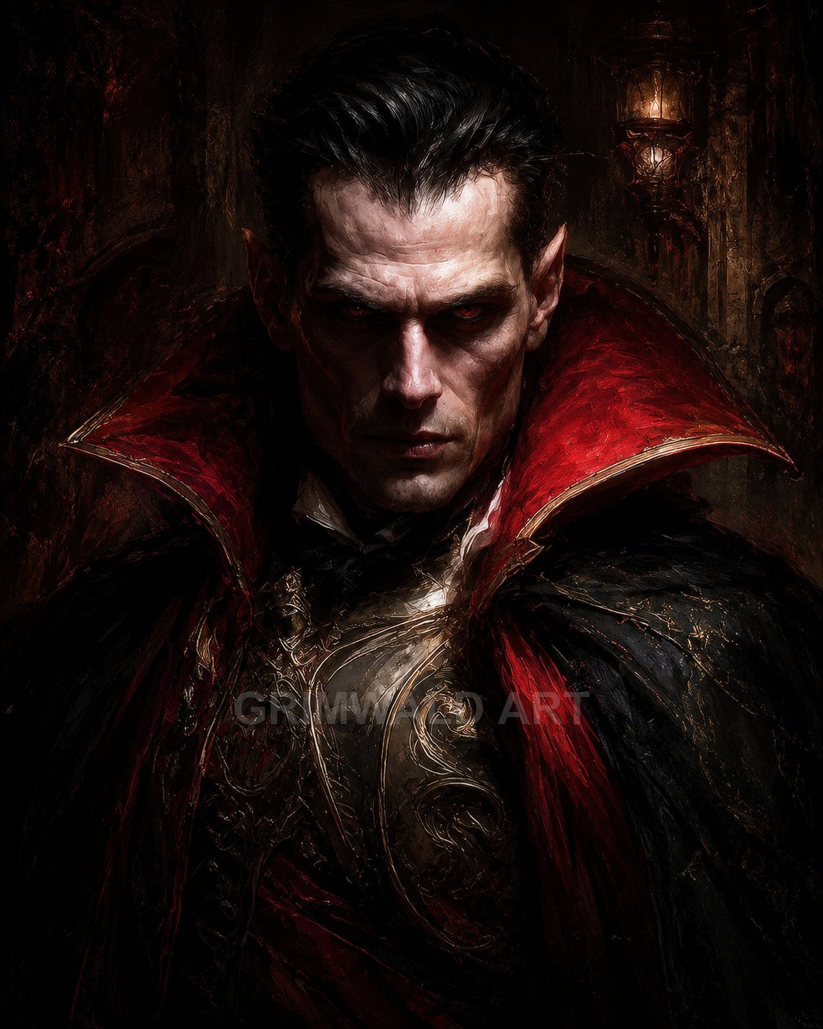Brooding vampire with red eyes and ornate gilded armour, draped in a black cloak with a crimson high collar inside a dim, lantern-lit interior.