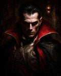 GRID THUMBNAIL — Brooding vampire with red eyes and ornate gilded armour, draped in a black cloak with a crimson high collar inside a dim, lantern-lit interior.