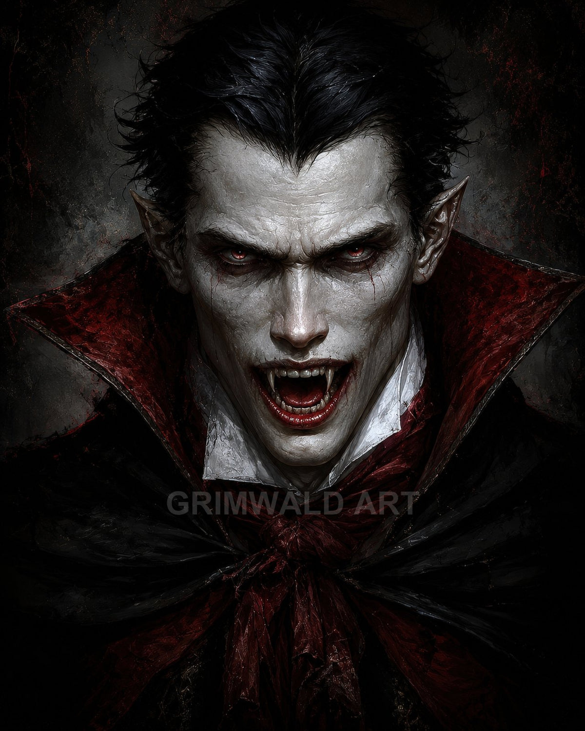 Close-up portrait of fanged vampire with bloodied lips, pale skin, red eyes, high-collared black and crimson cloak, snarling expression in dark background.