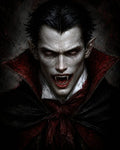 GRID THUMBNAIL — Close-up portrait of fanged vampire with bloodied lips, pale skin, red eyes, high-collared black and crimson cloak, snarling expression in dark background.