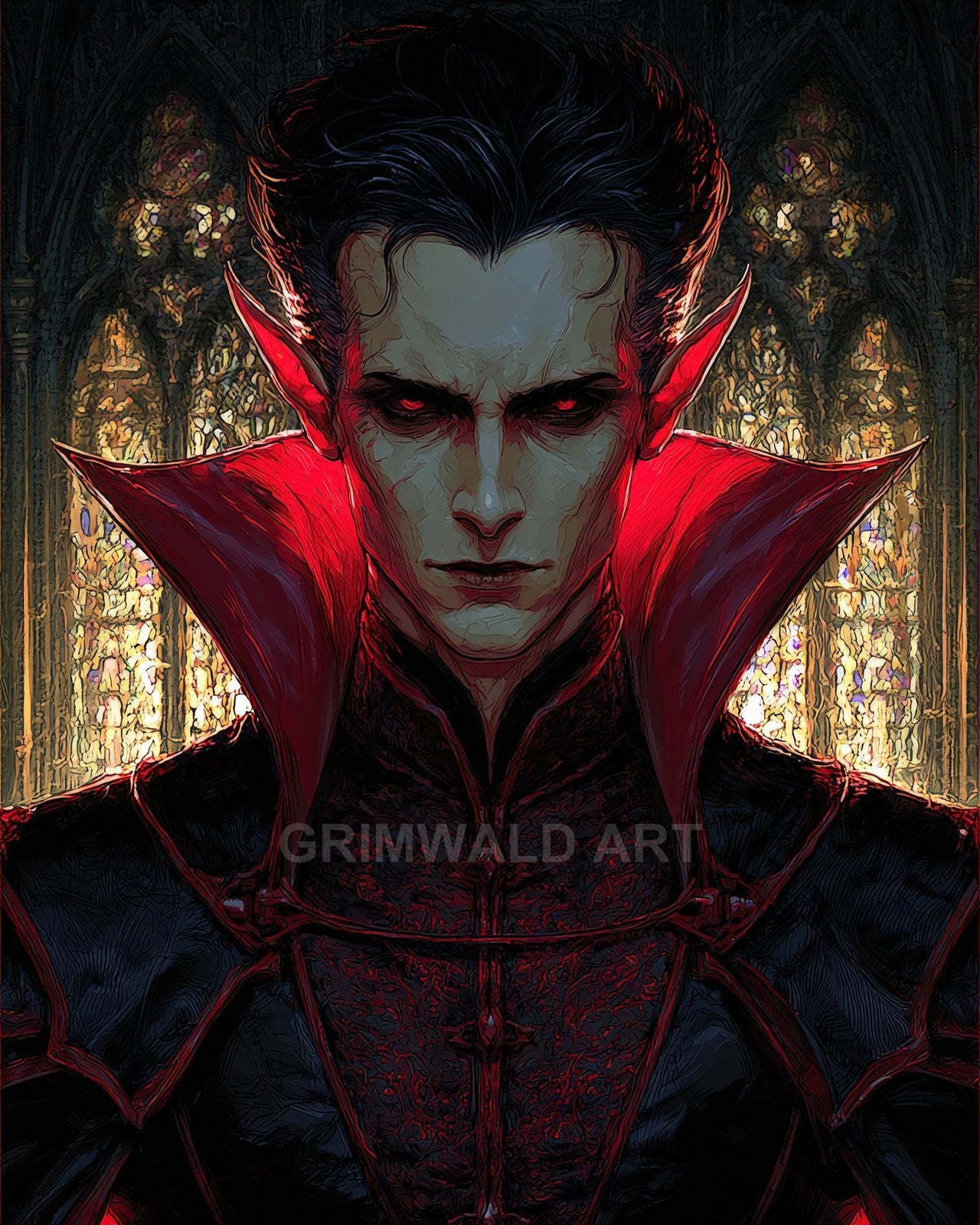A pale, red-eyed vampire with sharp ears and a towering crimson collar stands before glowing stained-glass windows inside a shadowy cathedral.